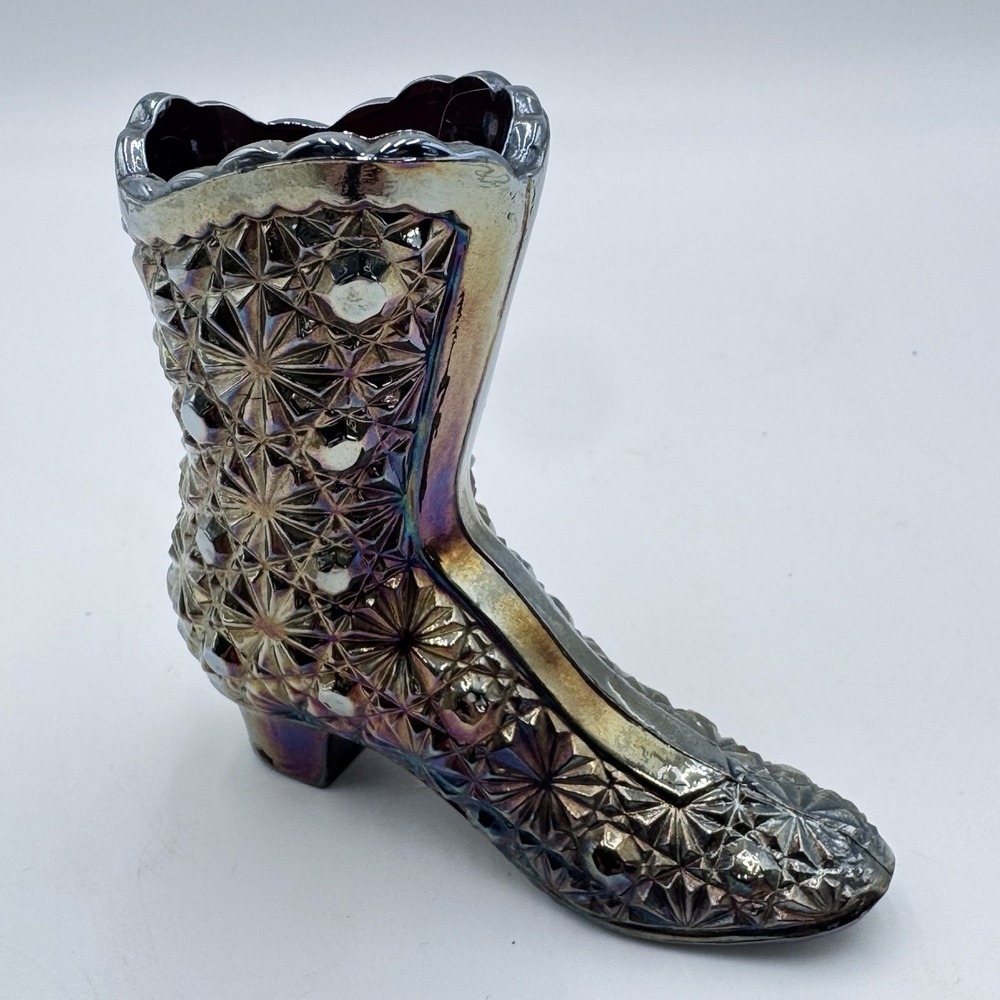 VTG Fenton Iridescent 4" Amethyst Boot Shoe Vase Carnival Glass Daisy & Button